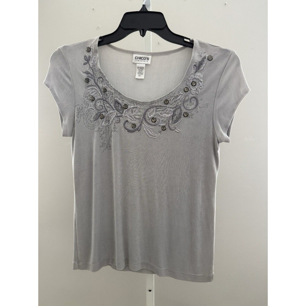 Chico’s Travelers Sz 1(M) Gray Embellished Scoop Neck Beaded Slinky Net Top